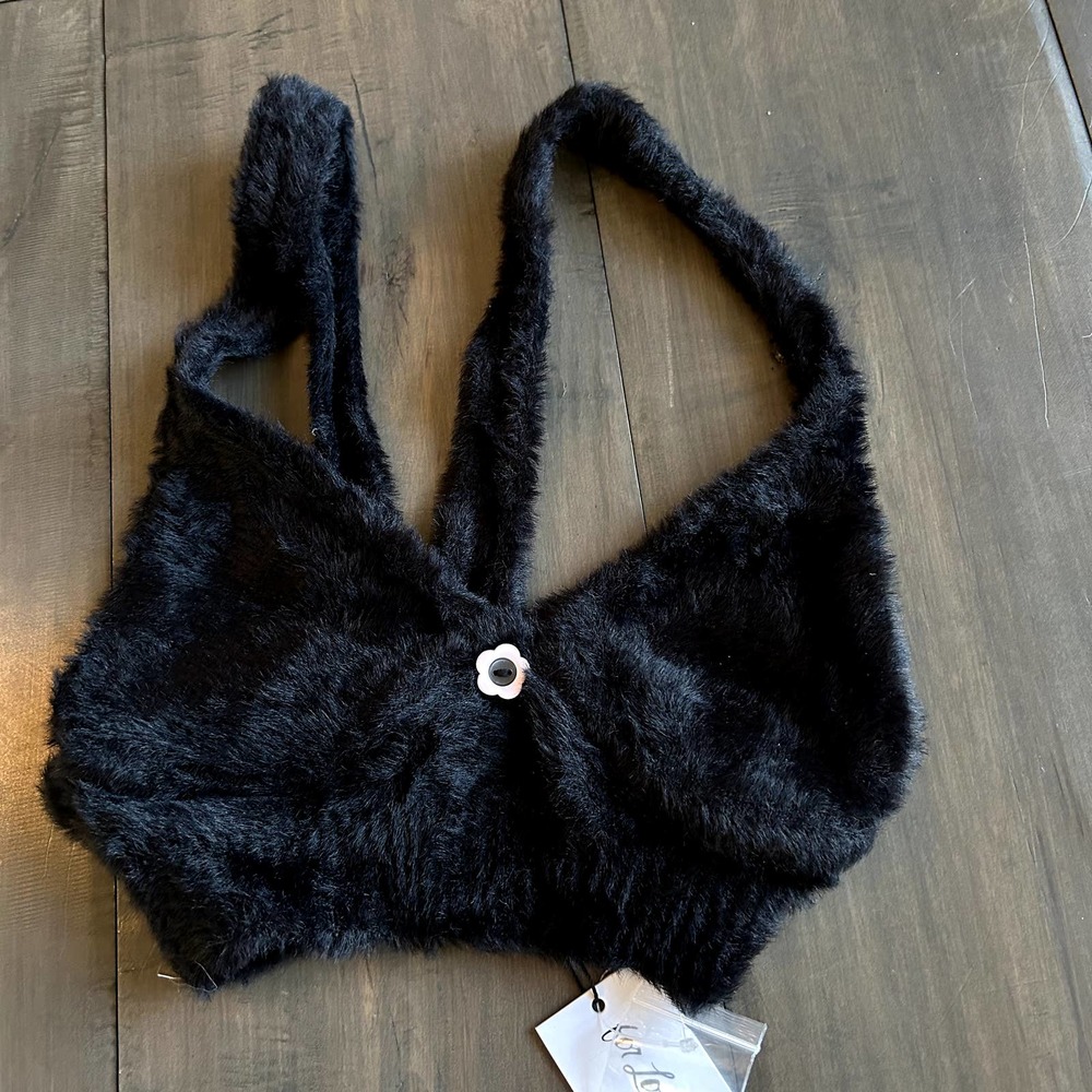 NWT For Love & Lemons Devon Black Furry Knit Sleeveless Crop Cropped Top - Picture 3 of 6